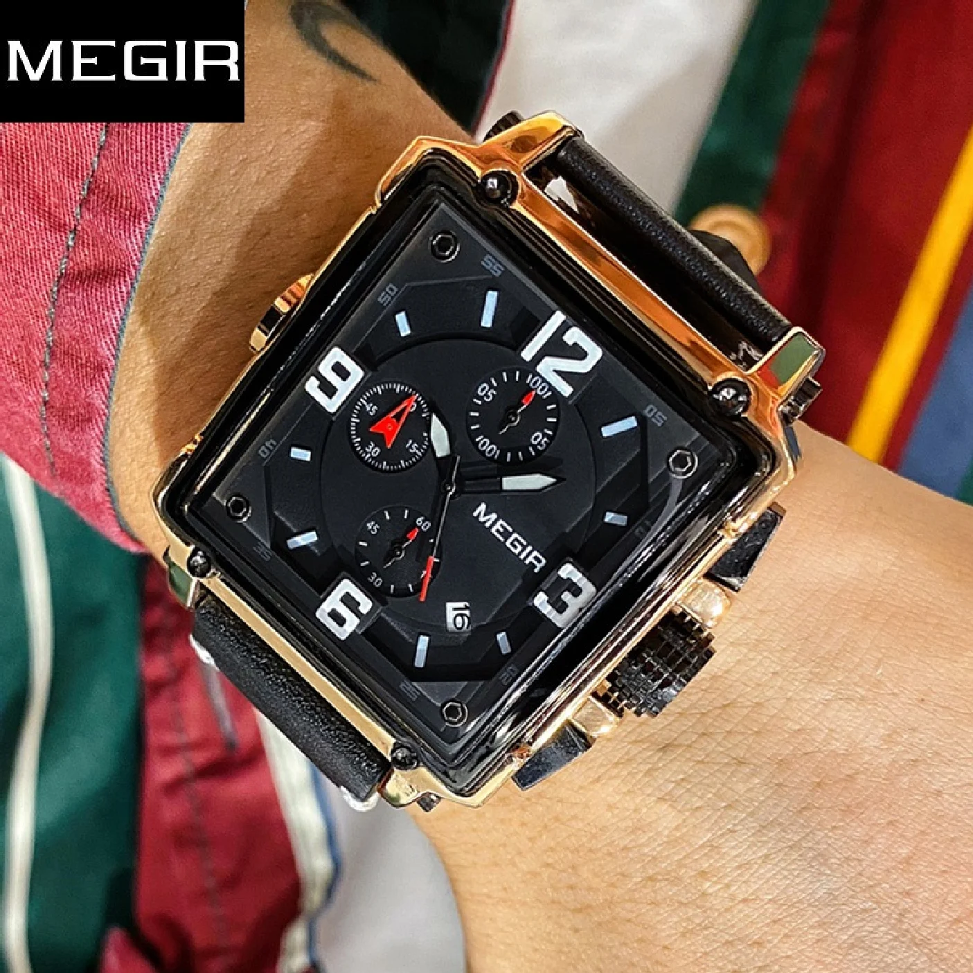 

Часы MEGIR Мужские кварцевые с хронографом, креативные брендовые деловые прямоугольные спортивные армейские, в стиле милитари, с кожаным реме...