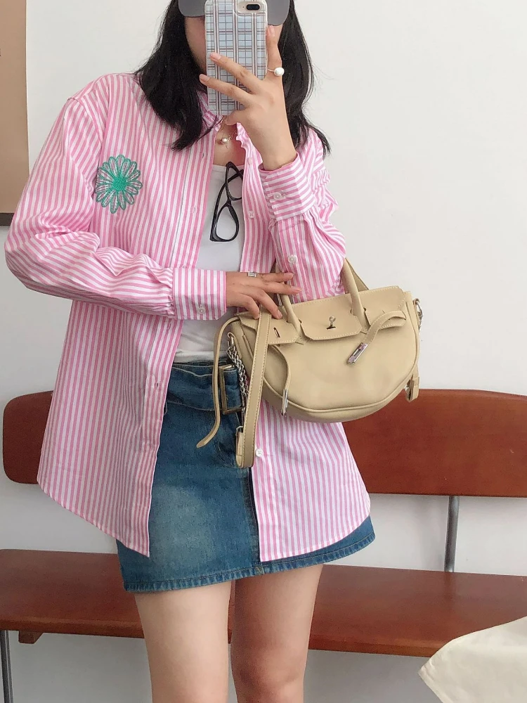 

Floral Embroidered Shirt Loose Casual Striped Shirt Blouse Womens Tops