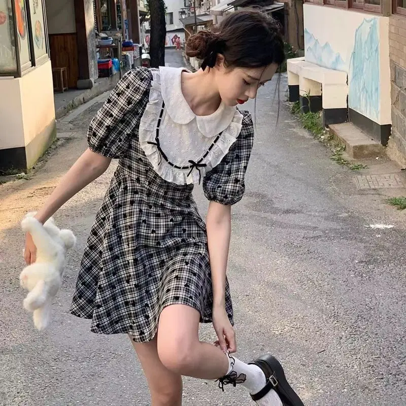 

Мини-платье COIGARSAM, женские весенние офисные платья во французском стиле в клетку с пышными рукавами и воротником «Питер Пэн», 2023