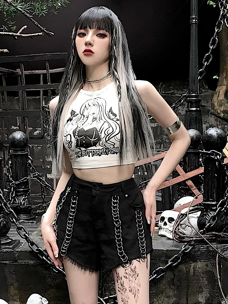 Женский короткий топ с металлической цепочкой и принтом в стиле Харадзюку -