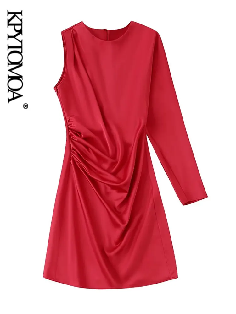 

KPYTOMOA Women Fashion Side Ruched Asymmetric Satin Mini Dress Vintage O Neck One Long Sleeve Female Dresses Vestidos Mujer