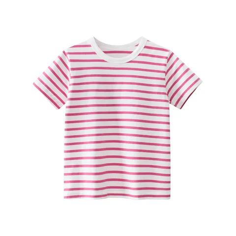Детская Хлопковая футболка в полоску, с коротким рукавом и круглым вырезом