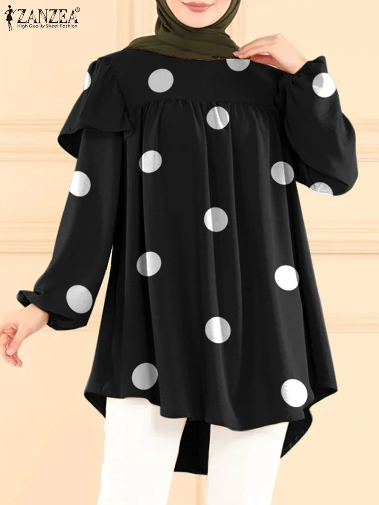 

ZANZEA Vintage Muslim Blouse Bohemian Polka Dots Printed Tops Woman Fashion Ruffles Blusas Spring Elegant Casual Chemise 2023
