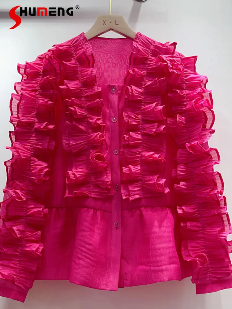 

French Style Ruffles Shirt for Women 2023 Spring New Elegant V-neck Pleated Fungus Long Sleeve Cardigan Blouse Women