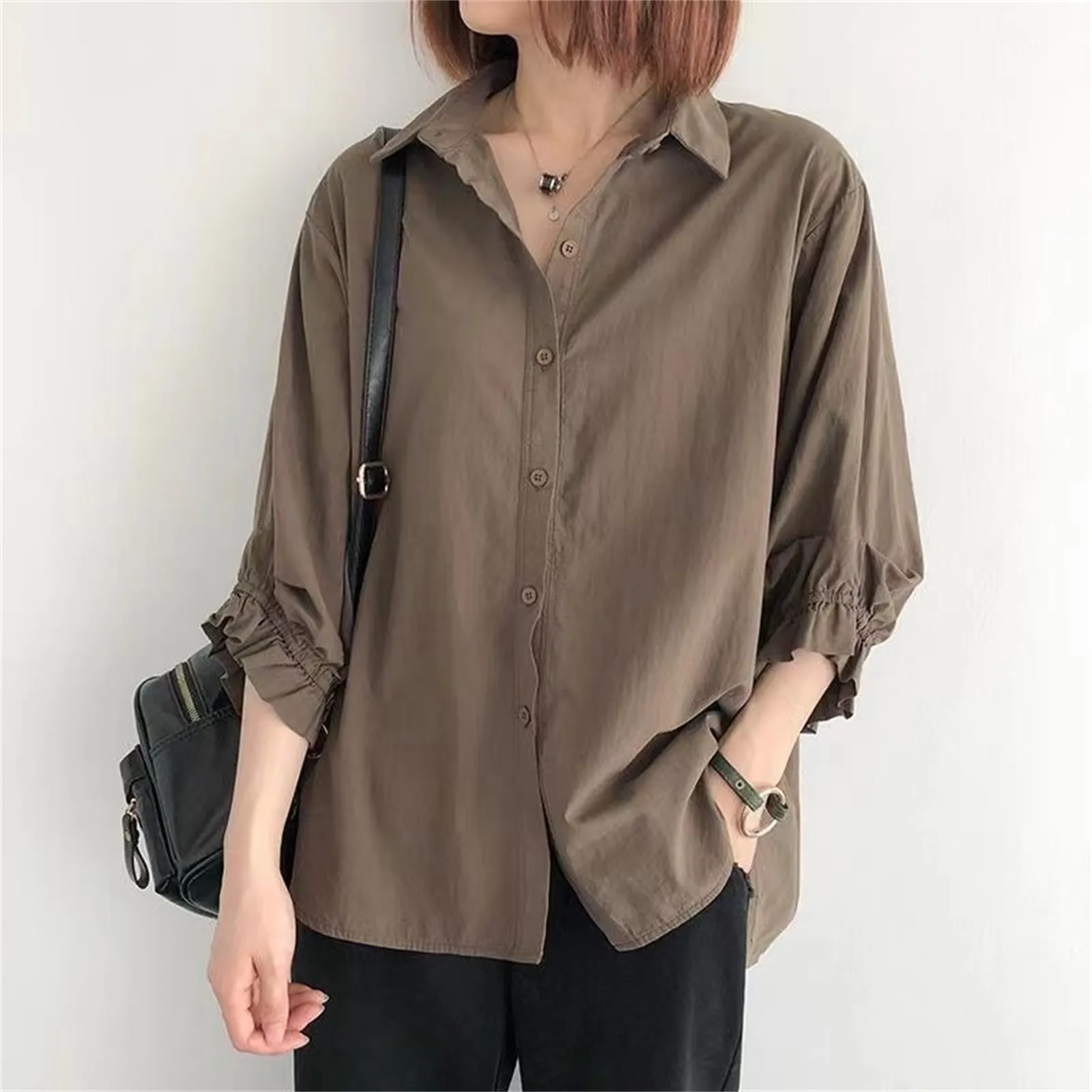 

Women Summer Cotton Shirts Fashion Korean Style Harajuku Chic Shirt Female Casual Solid Color Lantern Sleeve Office Lady Blouse