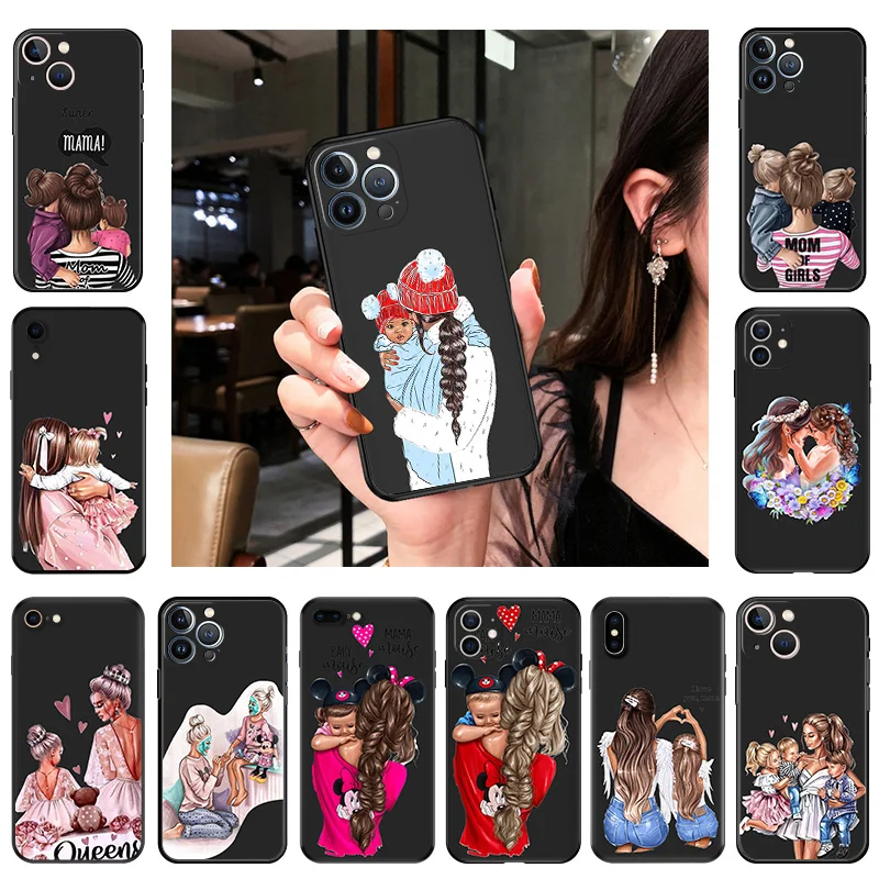 Чехол для телефона iphone 16Plus XR XSMax 15 14 13 12 11 16 Pro Max Mini 7 8 15Pro Baby Super Mom Girl Черный мягкий
