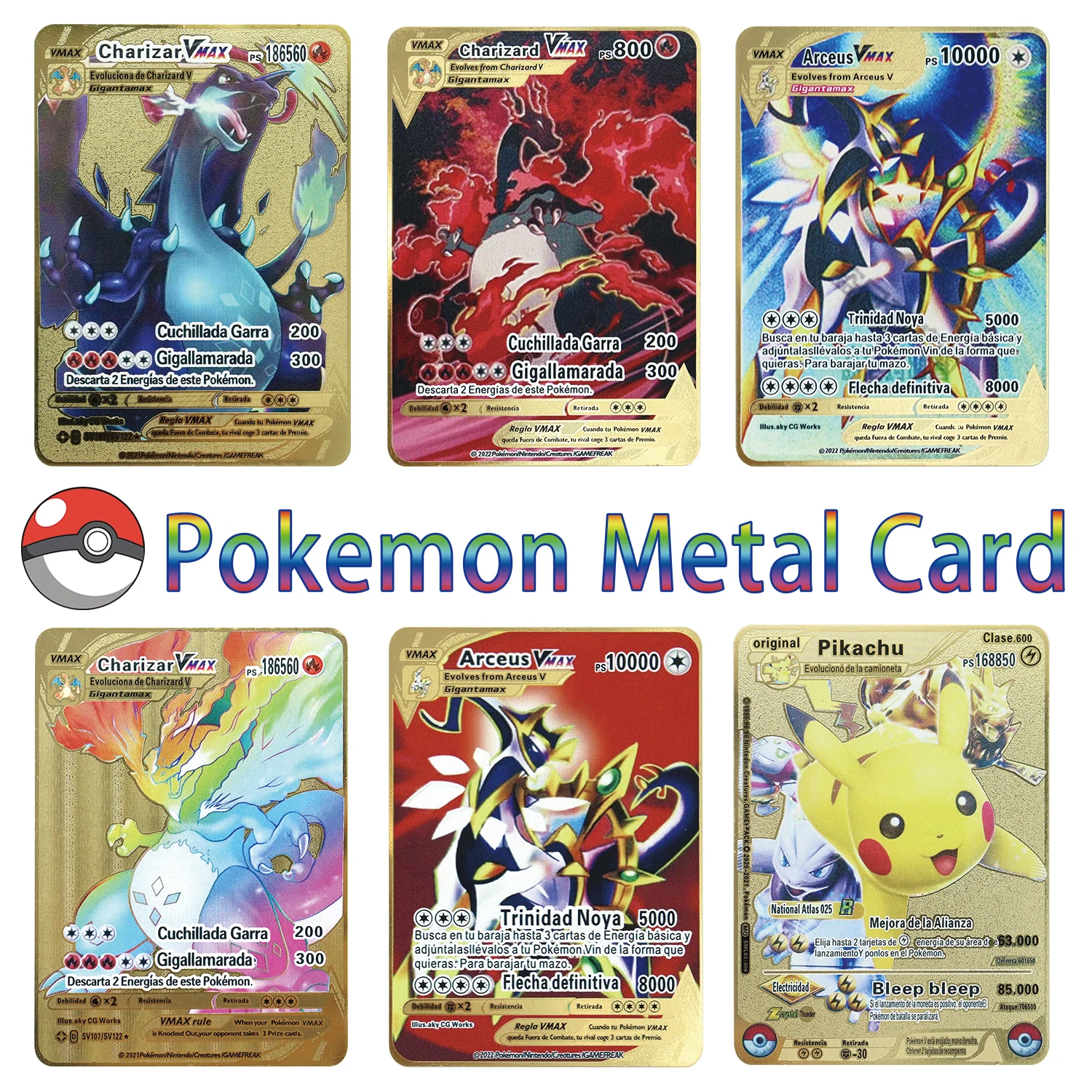 

Pokemon 183200 High Hp Charizard Pikachu Mewtwo Arceus Gold English French Spanish Metal Cards Vmax Mega GX Collection Cards