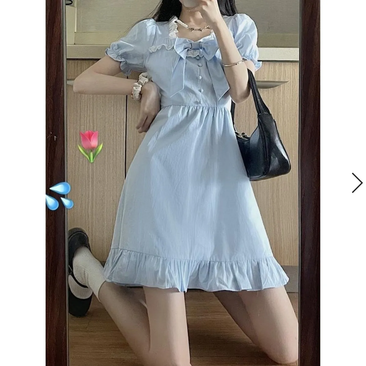 

Japan Dress Sweet Kawaii Blue Dress Women Preppy School Girl Korean Ruffle Puff Sleeve Short Dresses Square Collar Bow Ummer
