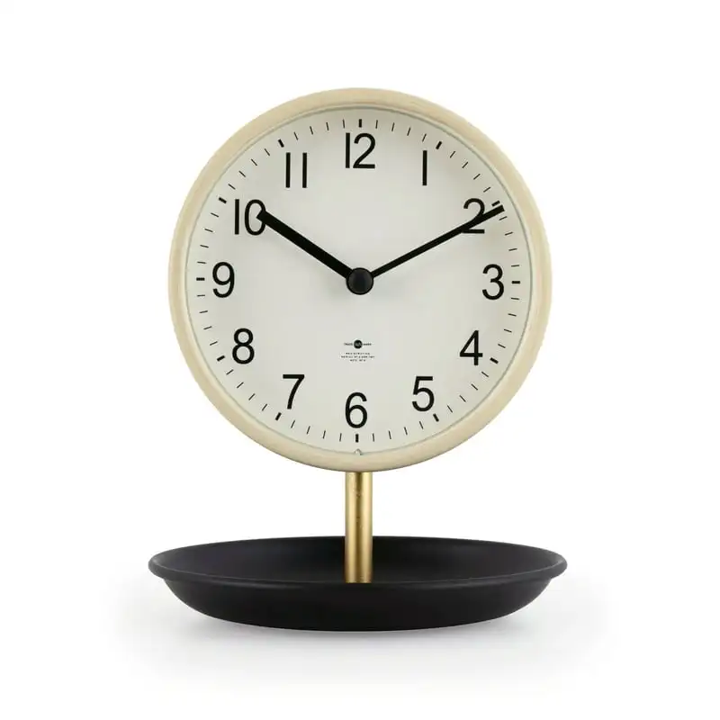 

Homes & Garden Light Tan Finish and Black Tabletop Round Analog Dial Clock with Trinket Tray Base Home decor interior Mirror dec