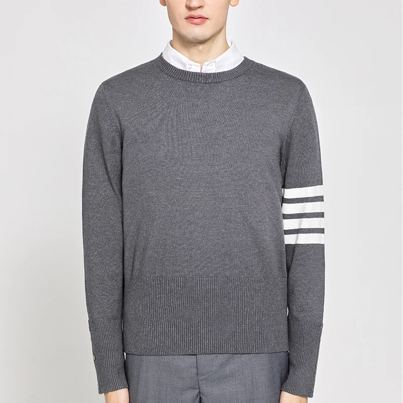 TB THOM Men's Classic Long Sleeve High Quality 4-stripes Crew Neck Sweatshirt Hot Sellings Fashion Brand Cotton Casual Tops