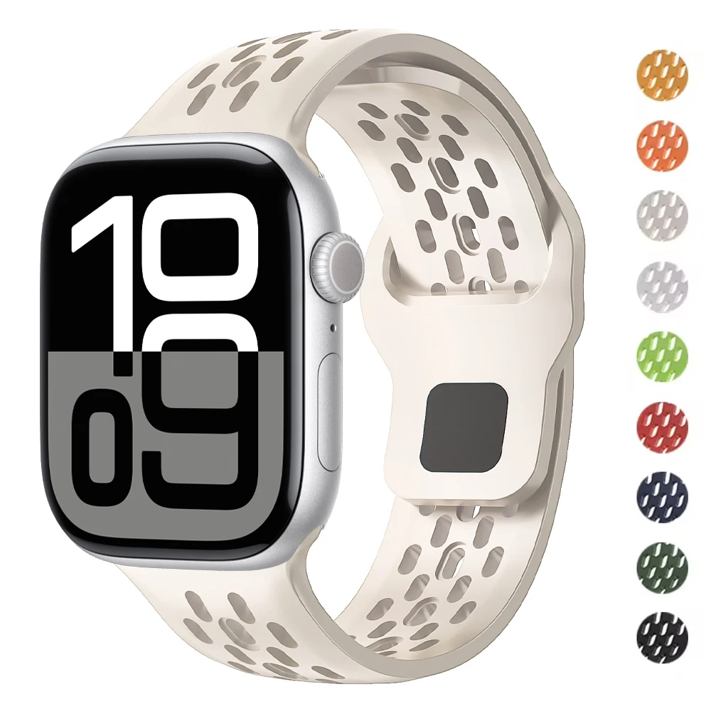 Силиконовый ремешок для Apple Watch 10 46 мм 42 45 41 44 49 40 дышащий браслет correa Series 9 8 7 6 5 3 SE
