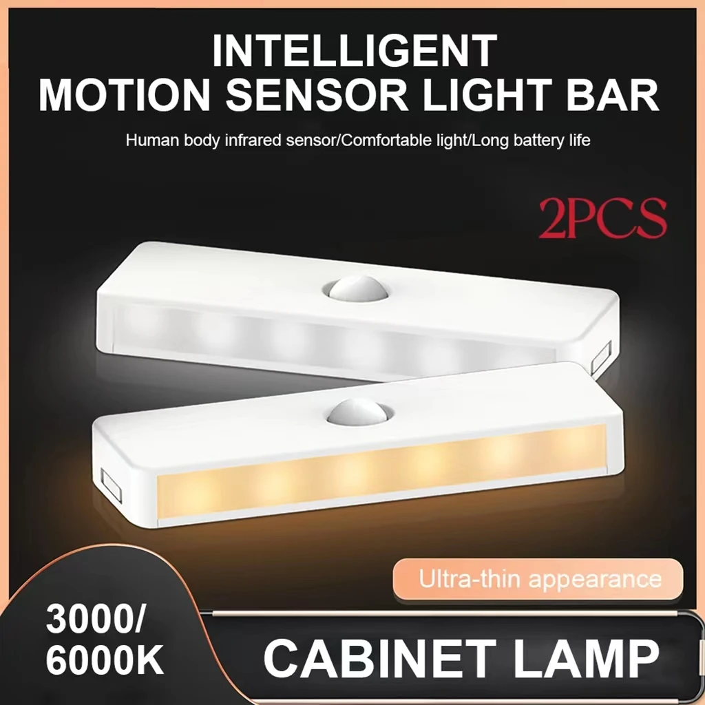 2PCS Motion Sensor Lamp LED Light USB Rechargeable Night Lights for Kitchen Cabinet Wardrobe Lamp Staircase Backlight Aisle