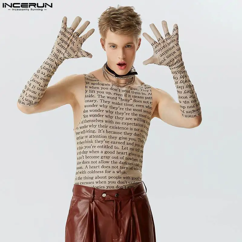 

American Style New Men Funny Letter Print Thimble Tank Tops Sexy Fashion Male See-through Mesh Waistcoat S-5XL INCERUN Tops 2023