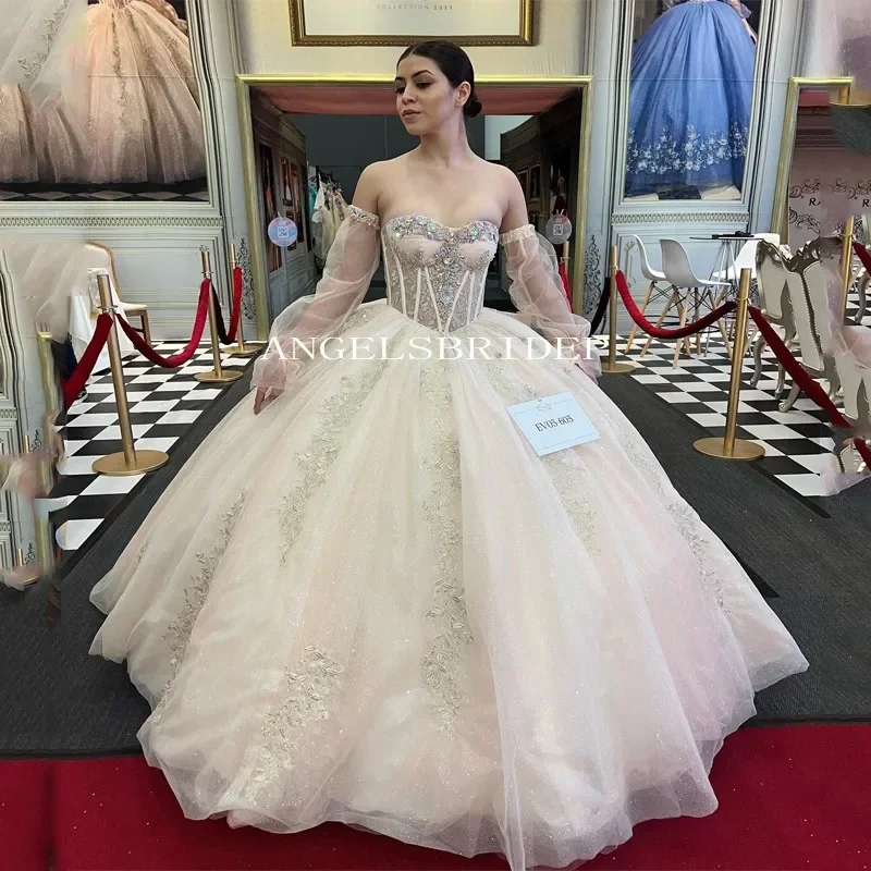 

Off-Shoulder Ball Gown Princess Quinceanera Dress Beading Appliques Glitter Tulle Vestido De 15 Anos With Big Bow
