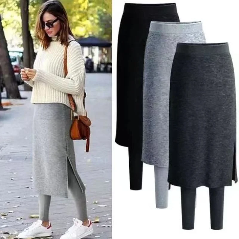 

Europe American 100KG Large Size Autumn High-waist Leggings Skirt Women Outer Wear Fake Two-piece Culottes Split One-step Skirt