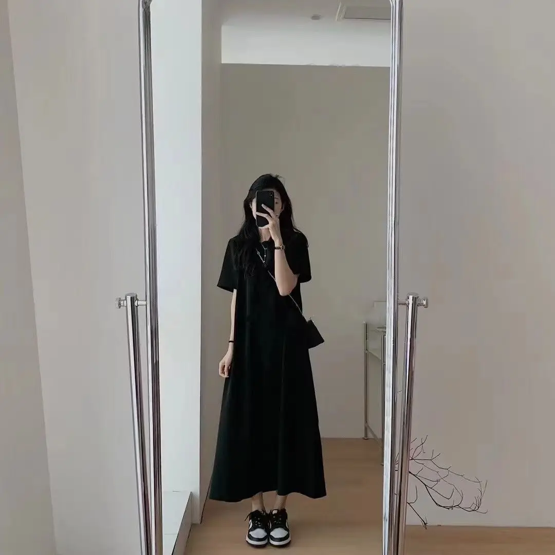 

Women 2023 Summer Fashion Short-sleeved Loose Dress Female Long Solid Color Dresses Ladies O-neck Casual A-line Vestidos U34