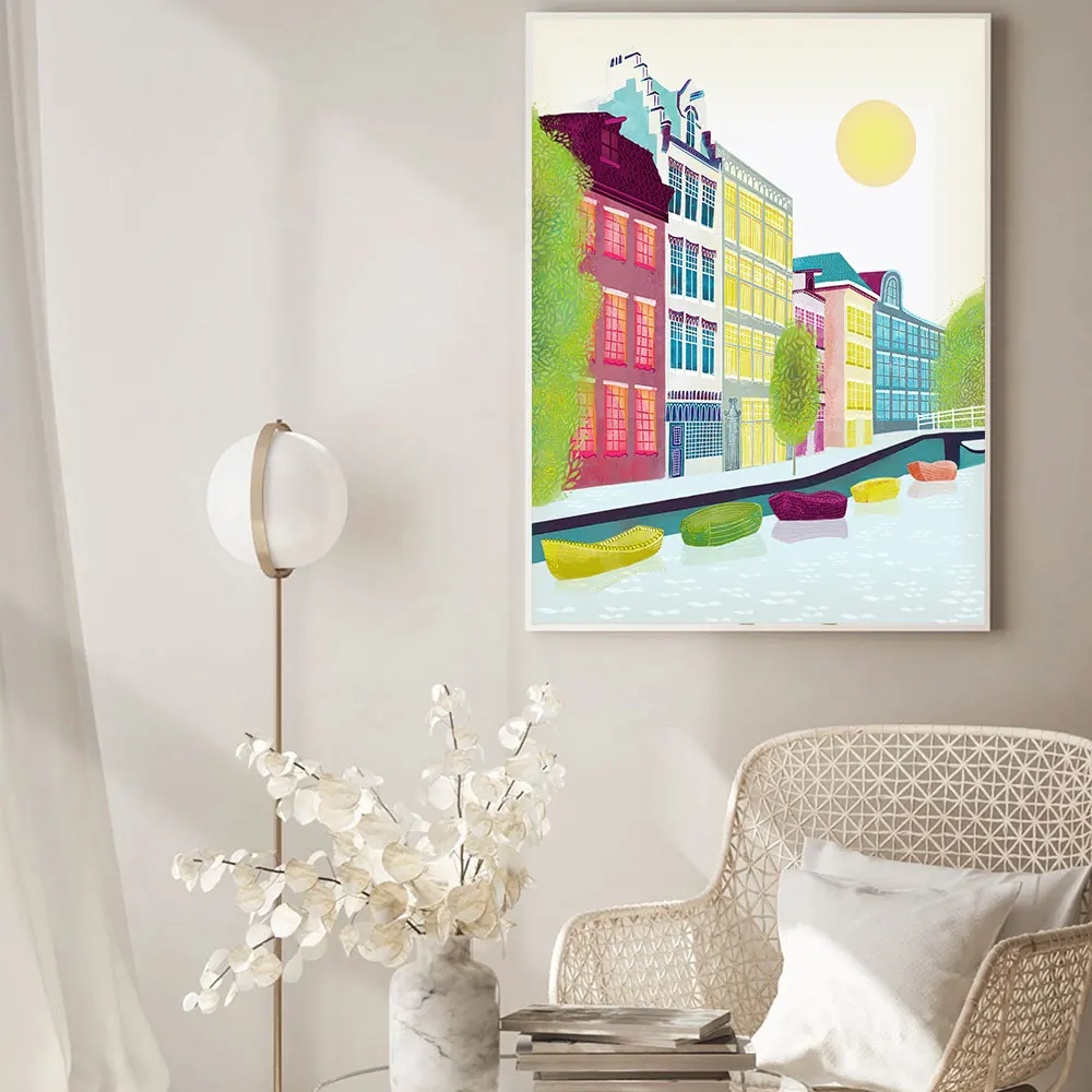 Красочный городской пейзаж плакат внутренняя река лодка искусство печатная