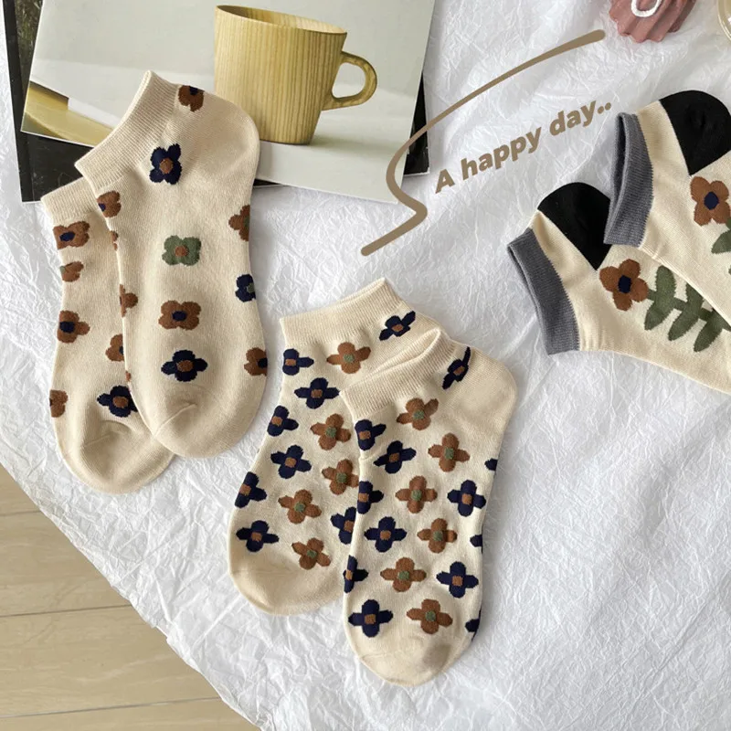 5 пар новинка 2024 свежие INS корейские японские женские короткие носки с цветочным