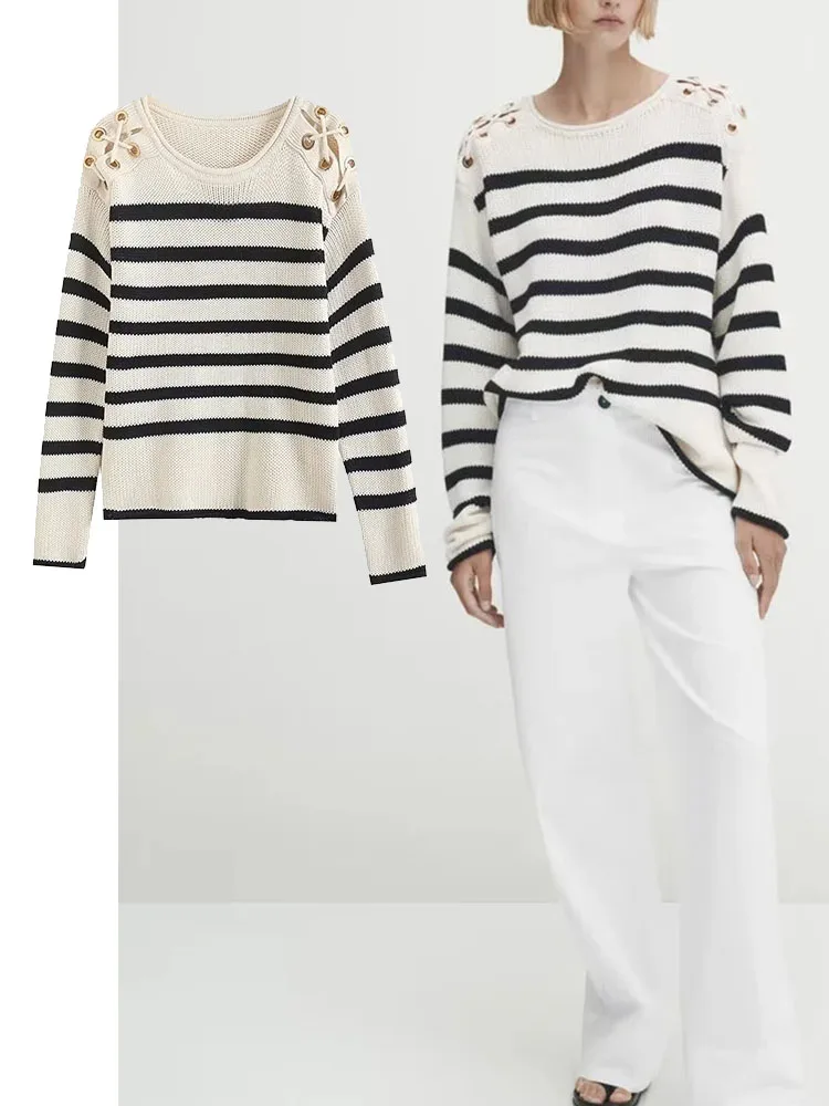 

TRAF 2023 Autumn Winter Women Sweater Stripe Loose Long Sleeve Lace Up Shoulder Knit Jumper Female Chic Tops Pullovers