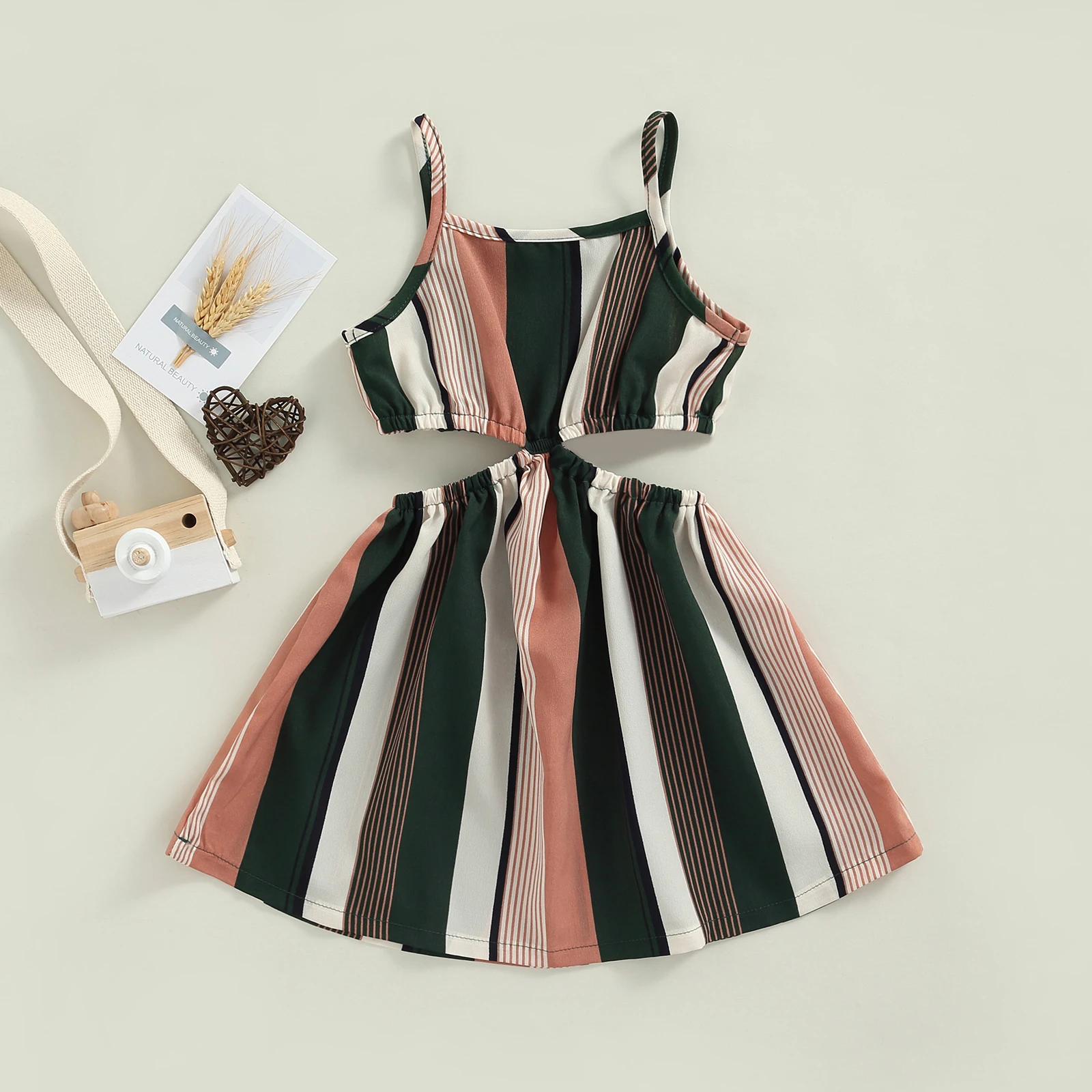 

Girl Casual Summer Dress, Sling Shoulder Straps Contrast Color Stripe Cutout High Waist 1 Piece Garment