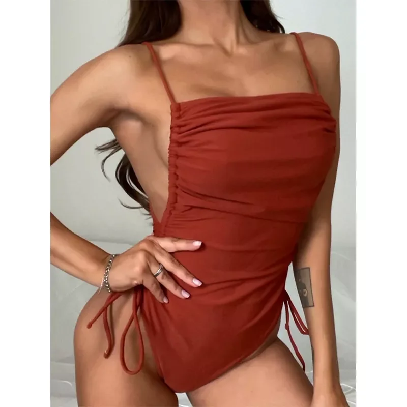 

Mossha solid one piece swimsuit women drawstring high cut bathing suits conjunto biquinis feminino trajes de baño mujer 2022