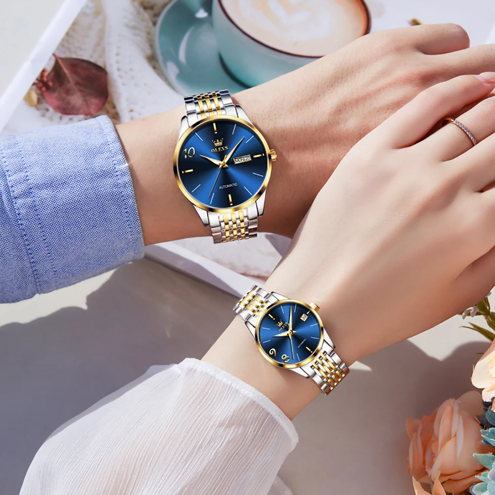 OLEVS New Fashion Couple Mechanical Watches Waterproof Luminous Luxury Couple Watch Stainless Steel Strap Automatic Wristwatch