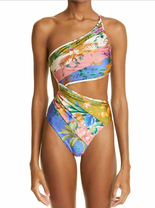 

Shoulder Printed Strap-On Bikini Women's Chic Hollow High Waist Splicing Backless Beachwear Sexy Skinny Pool Wear 2022 Fashion