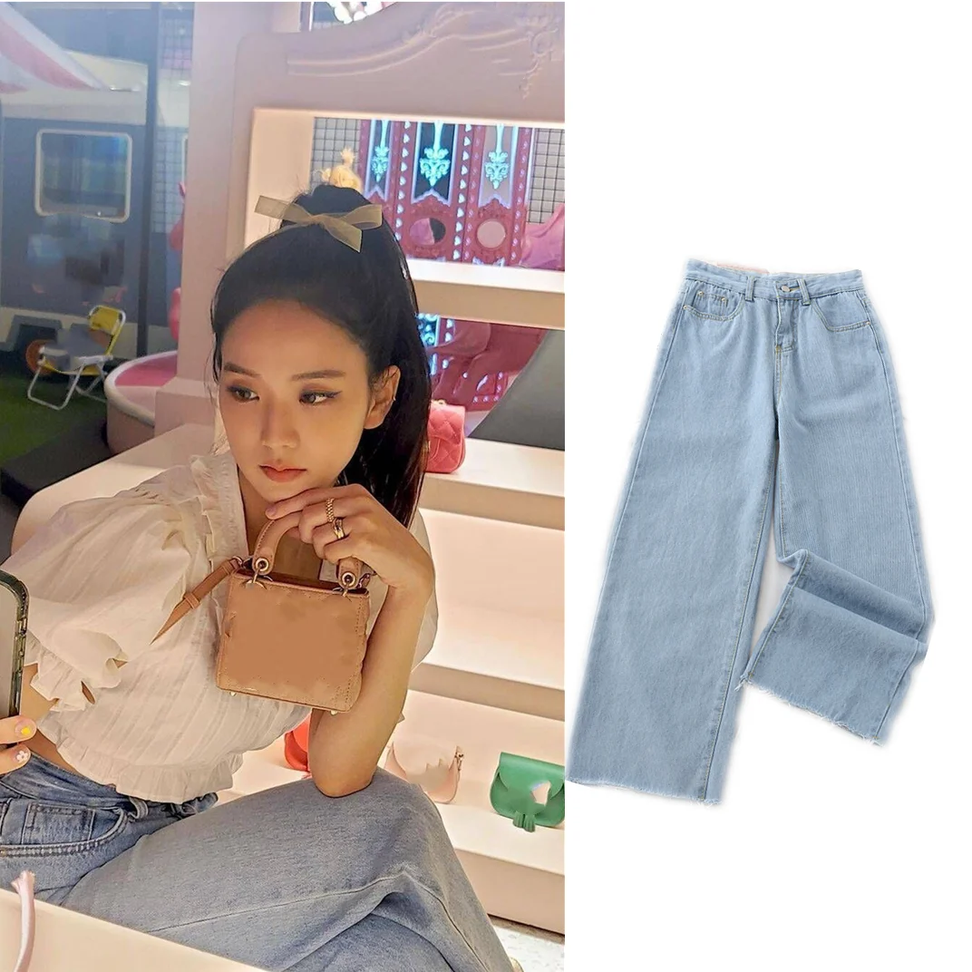 

Jisoo kpop Korean Vintage Blue Wide Leg Jeans Women Summer Streetwear High Waist Trousers Streetwear Loose Straight Denim Pants