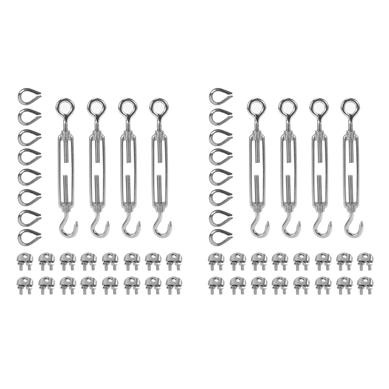 

HOT SALE 8Pcs Turnbuckle/Tension(Eye&Hook, M6), 32-Pcs 1/8 Inch Wire Rope Cable Clip/Clamp(M3), 16-Pcs Thimble(M3)