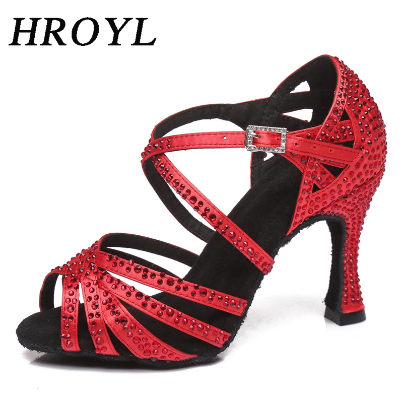 HROYL Women Dance-Shoes For Girls Latin Ballroom Dance Shoes Ladies Modern Tango Dancing Shoes Rhinestone Red Salsa Sandals