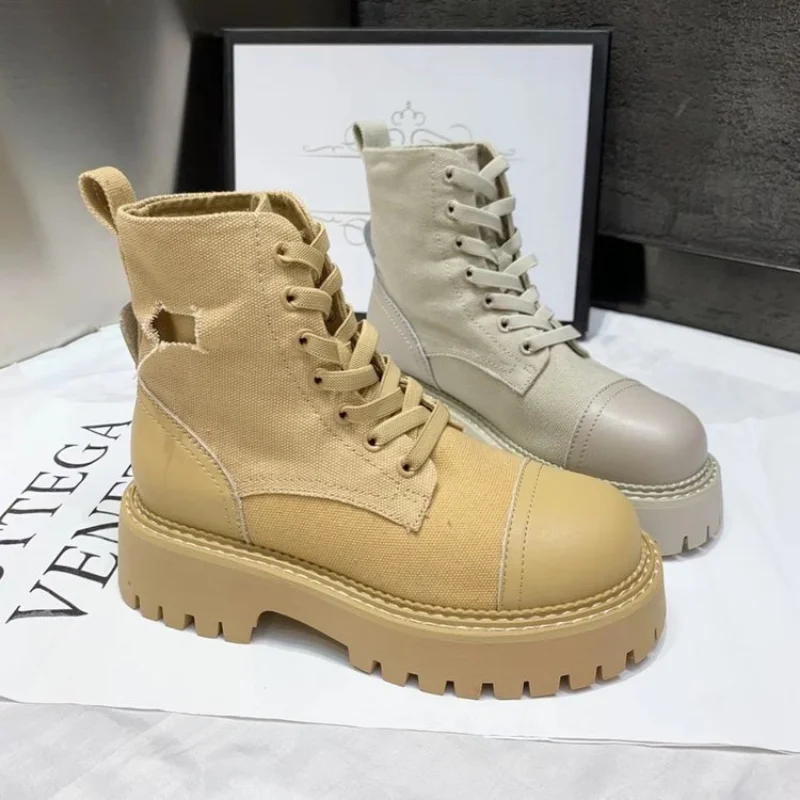 

Medium Boots Women's Shoes 2022 New Solid Color Fashion Women's Boots Casual Thick Soles Versatile High Elastic Fabric Lace