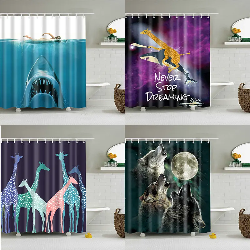 

Wolf Shark Shower Curtain 3D Print Bathroom Waterproof Polyester Bath Curtain Octopus Washable Bath Decor Curtains with Hooks