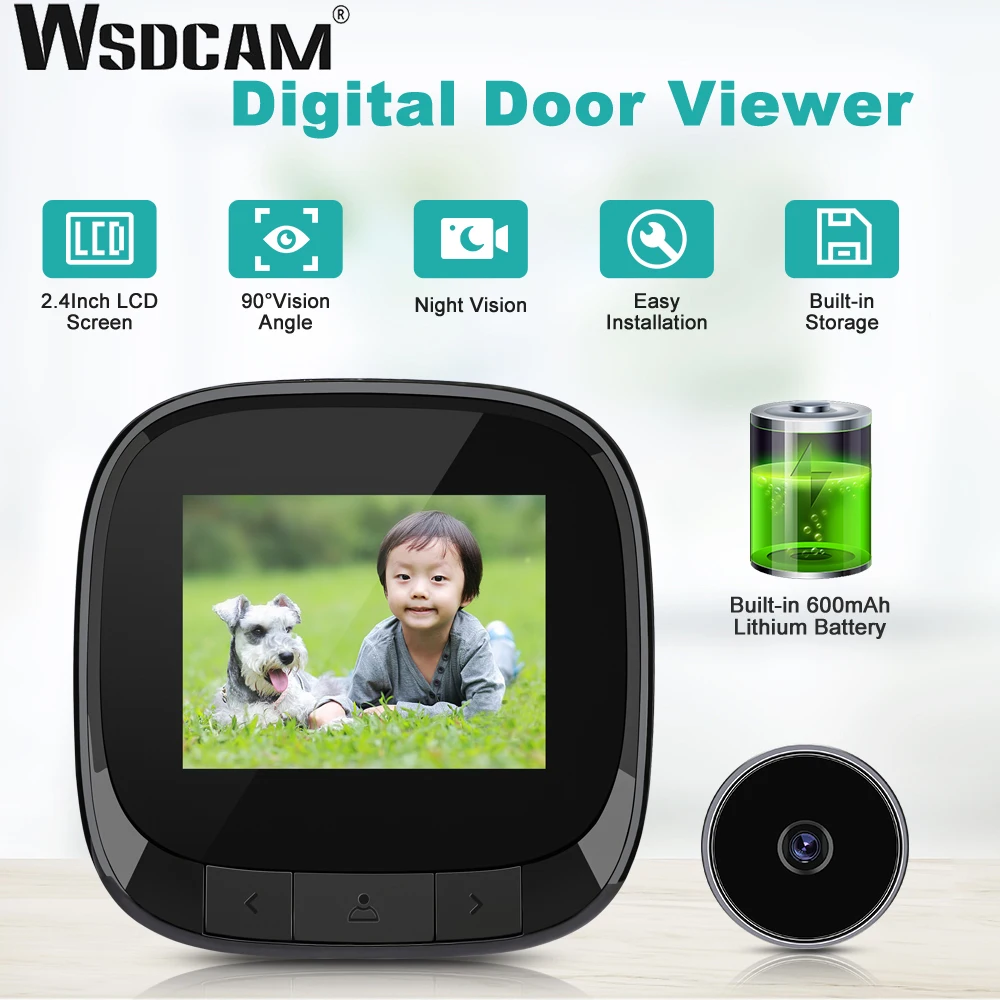 

Wsdcam 2.4 inch LCD Video Doorbell Peephole Camera 90 Degree Angle Door Viewer 600mAh Night Vision Door Bell for Home Security