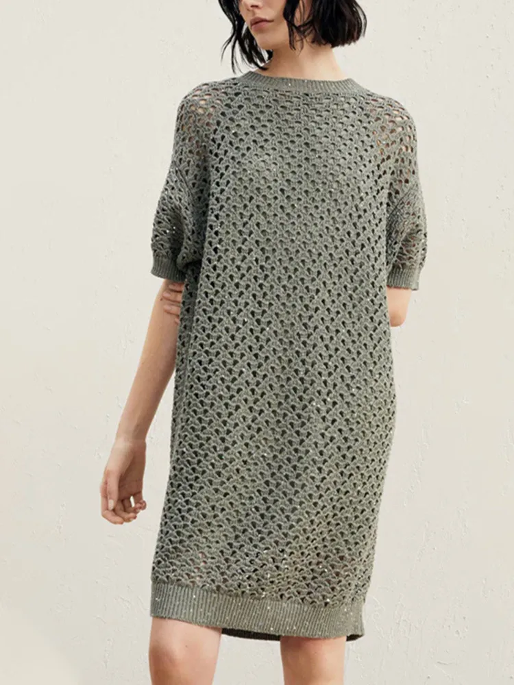 

Women's Sequins Holllow Out Knit Robe Two Pieces Set Female Short Sleeve Round Neck Mini Dresses