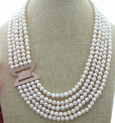 

Hand knotted natural 5 strands 6-7mm white freshwater pearl micro inlay zircon accessories clasp necklace fashion jewelry