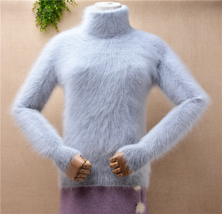

Female Women Fall Winter Clothing Grey Hairy Mink Cashmere Knitted Long Sleeves Turtleneck Slim Blouses Pullover Sweater Pull