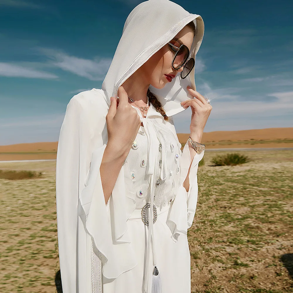 Eid Mubarak Open Abaya Kimono Dubai Turkey White Satin Kaftan Muslim Capes for Women Long Cardigan Islam Shawl Pakistani Clothes