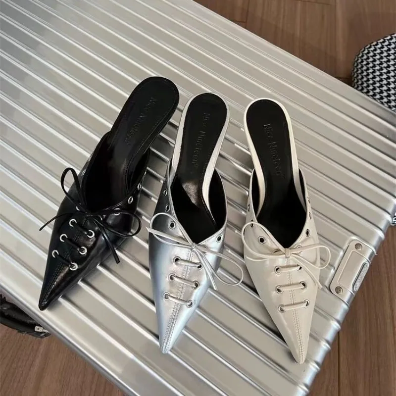 Туфли-лодочки женские на шнуровке без задника заостренный носок каблук 4 см