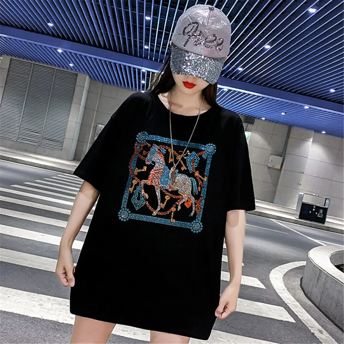 

4XL Cotton Diamonds Unicorn T Shirt Femme Gothic Tops Harajuku Loose Clothes High Street Summer Oversized T Shirt Streetwear