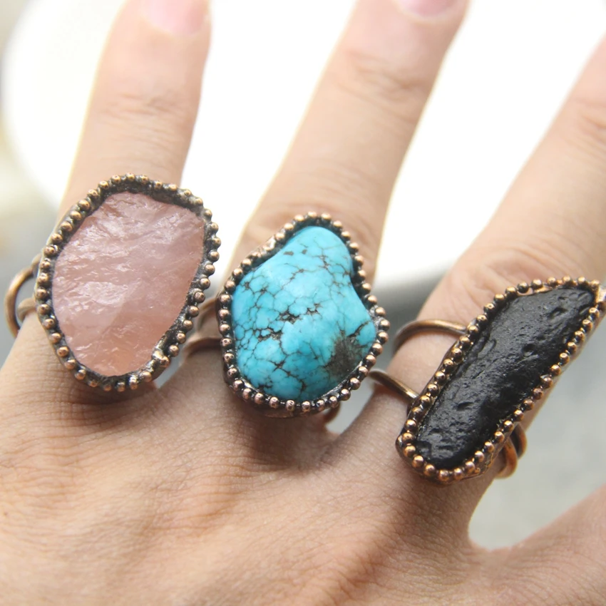 

Raw Turquoises Antique Copper Bezel Rings Black Meteorolite Rose Quartzs Band Retro Punk Adjustable Finger Jewelry Fashion Gifts