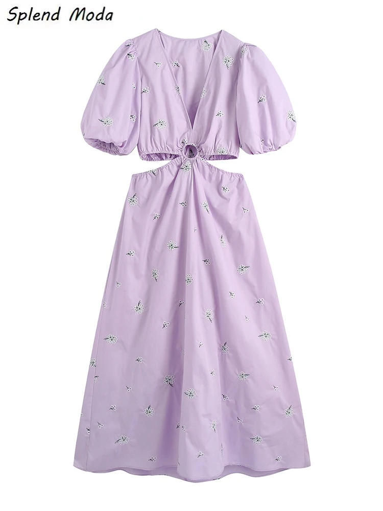 

Женское свободное платье из поплина, с вырезом и цветочной вышивкой