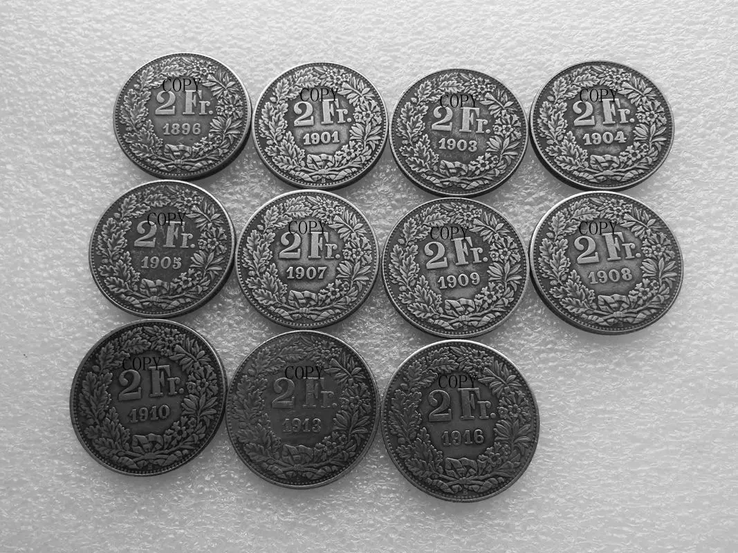 

Switzerland 2 Francs 1896-1916 11Pcs Coin Copy Silver Plated Commemorative Coins-replica Coins Medal Collectibles
