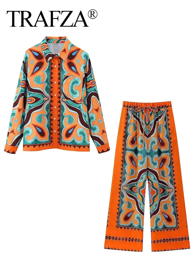 

TRAFZA Women Vintage Print Shirt Pant Suit Long Sleeve Button Lapel Blouse + Drawstring High Waist Trousers Streetwear Woman