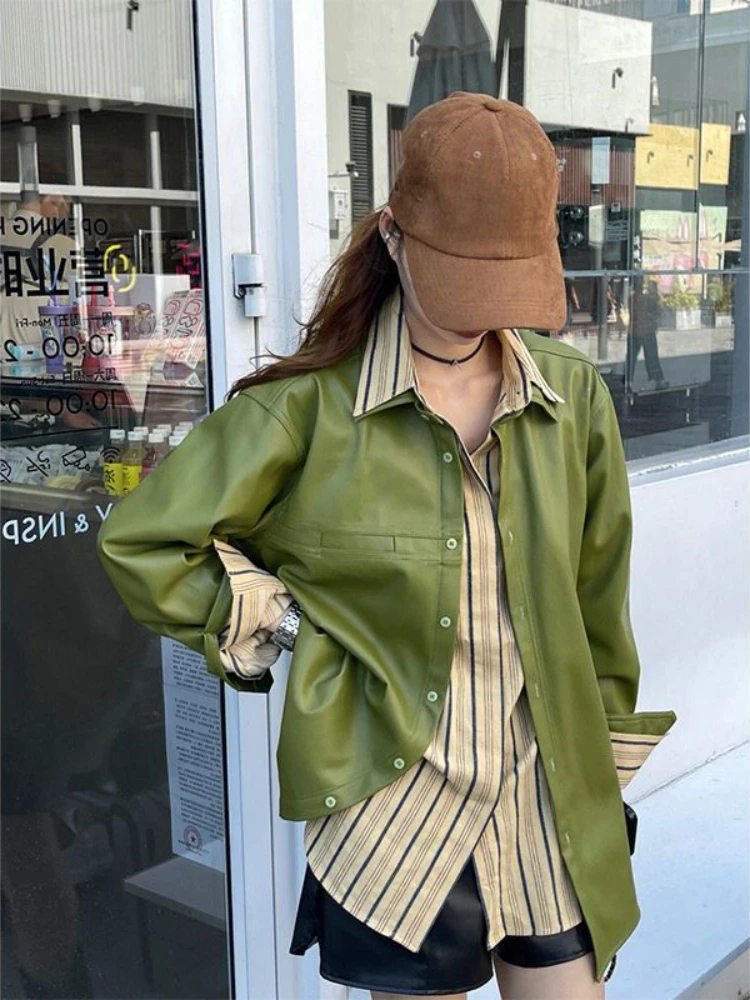 Black PU Suit Leather Coat Women's Spring and Autumn New Straight Tube Casual Relaxed High Grade Cardigan Jacket Top Fashion