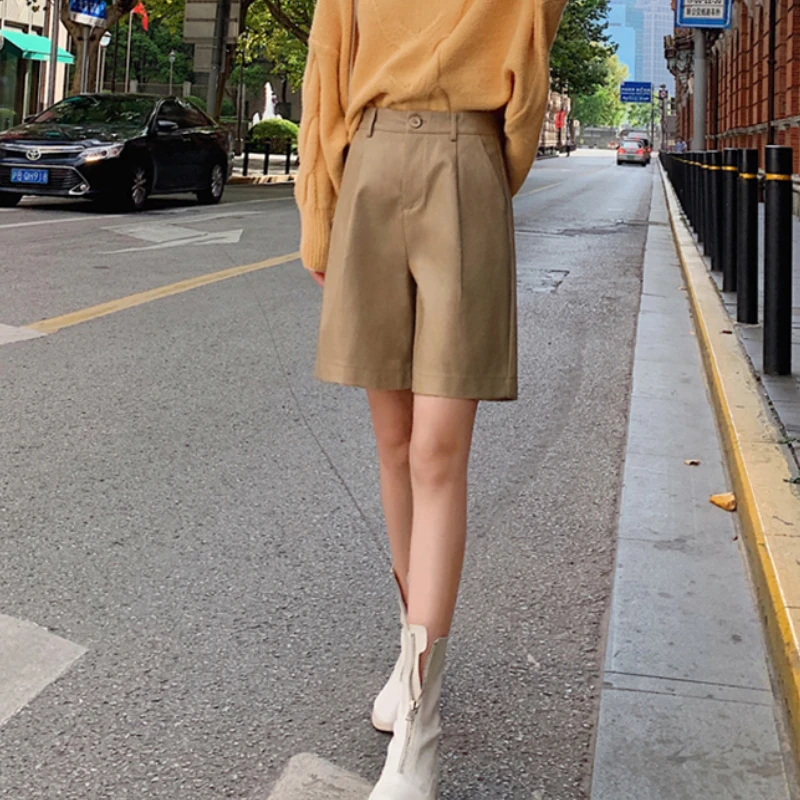 Women's Autumn Winter New Loose Five Points Leather Trousers 2021 Button Fashion PU Leather Shorts Female Large Shorts Solid