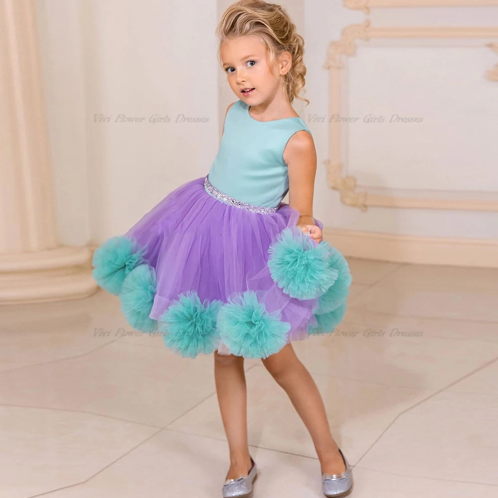 

Puffy Green Purple Cloud Flower Girl Dress O Neck Long Sleeve First Communion Dress Pageant Birthday Prom Gown Special Event