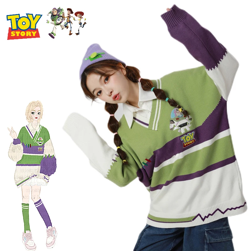 

New Disney Toy Story Buzz Lightyear Sweater Winter Cartoon Fashion V-Neck Polo Collar Shirt Suit Cute Loose Long Sleeve Pullover