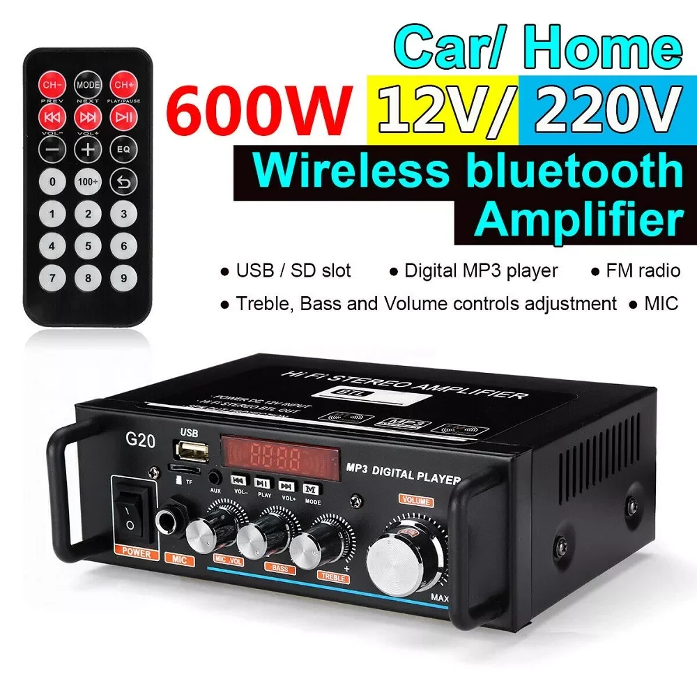 

Bluetooth Amplifier 110V-220V 2CH HIFI Audio Stereo Power AMP USB FM Radio Car Home Theater with Remote Control