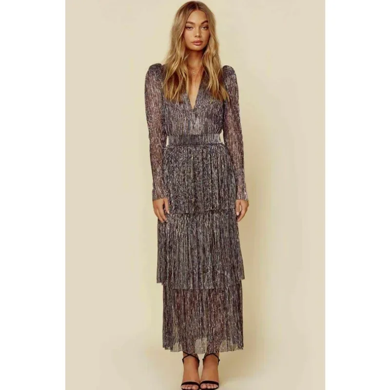 Женское плиссированное платье с высокой талией осень-зима 2023 женское пышными