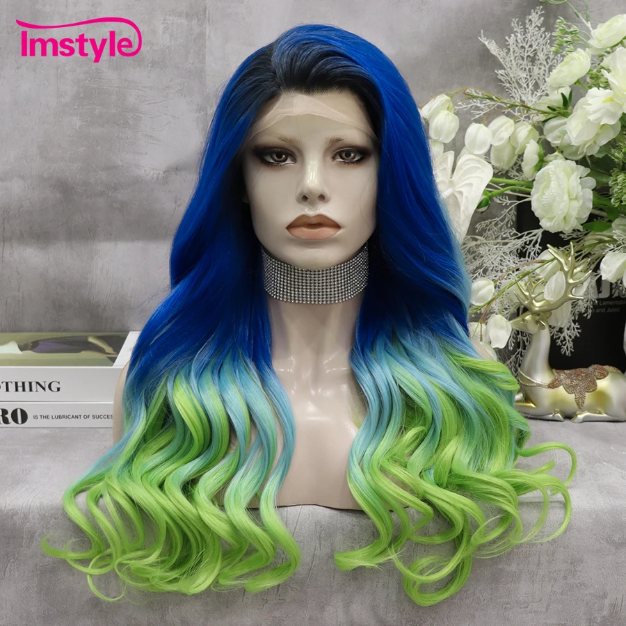 

Imstyle Ombre Blue Wig Natural Wavy Green Synthetic Lace Front Wig Long Hair Wig Cosplay Wigs For Women Heat Resistant Fiber